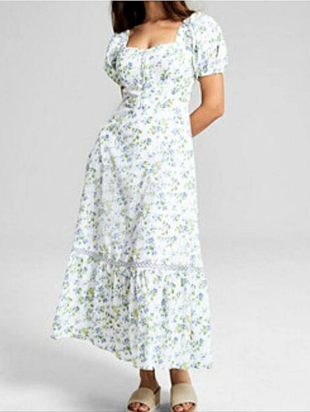 Floral Puff-Sleeve Corset Waist Maxi Dress Cotton Milkmaid Cottagecore Prairie